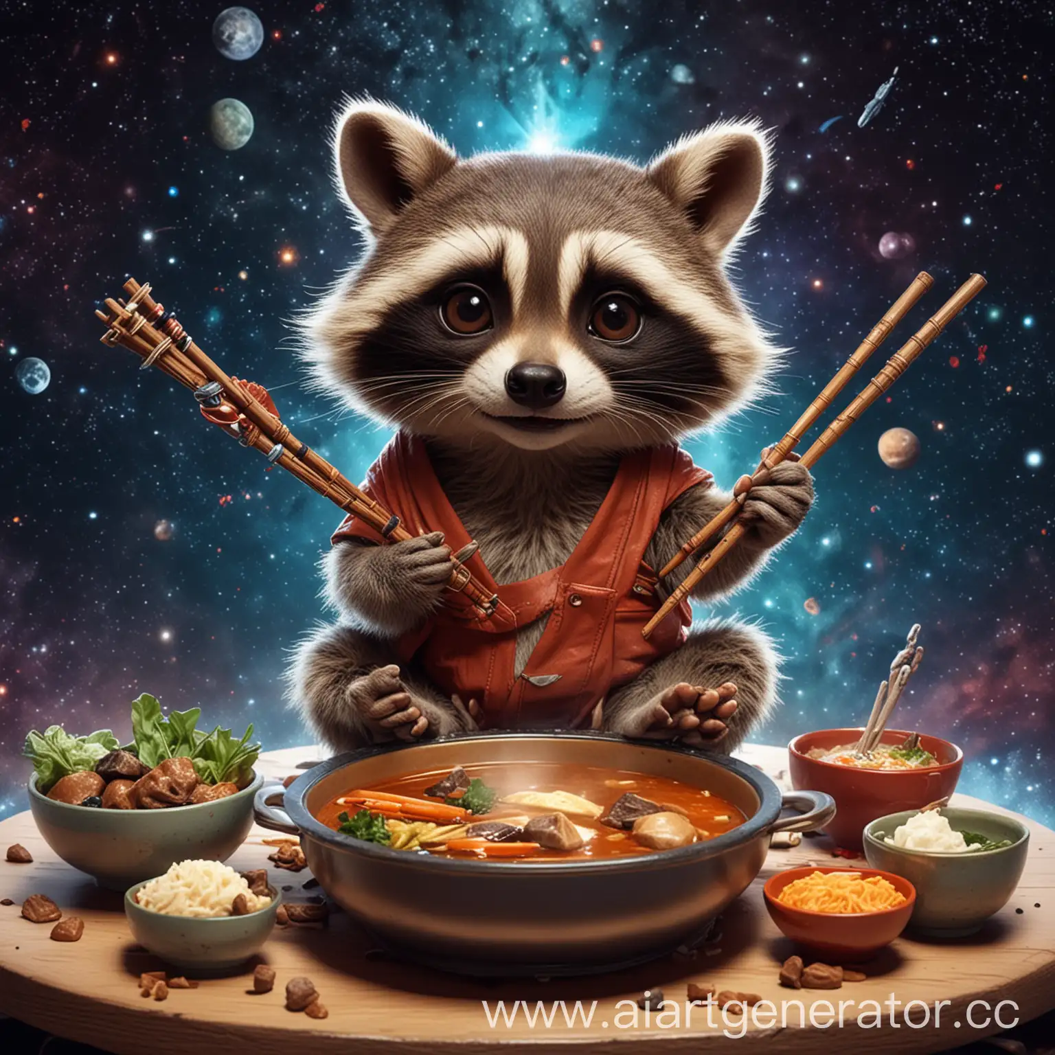 Cartoon-Raccoon-Eating-Hot-Pot-in-Universe-Spaceship-on-Mars