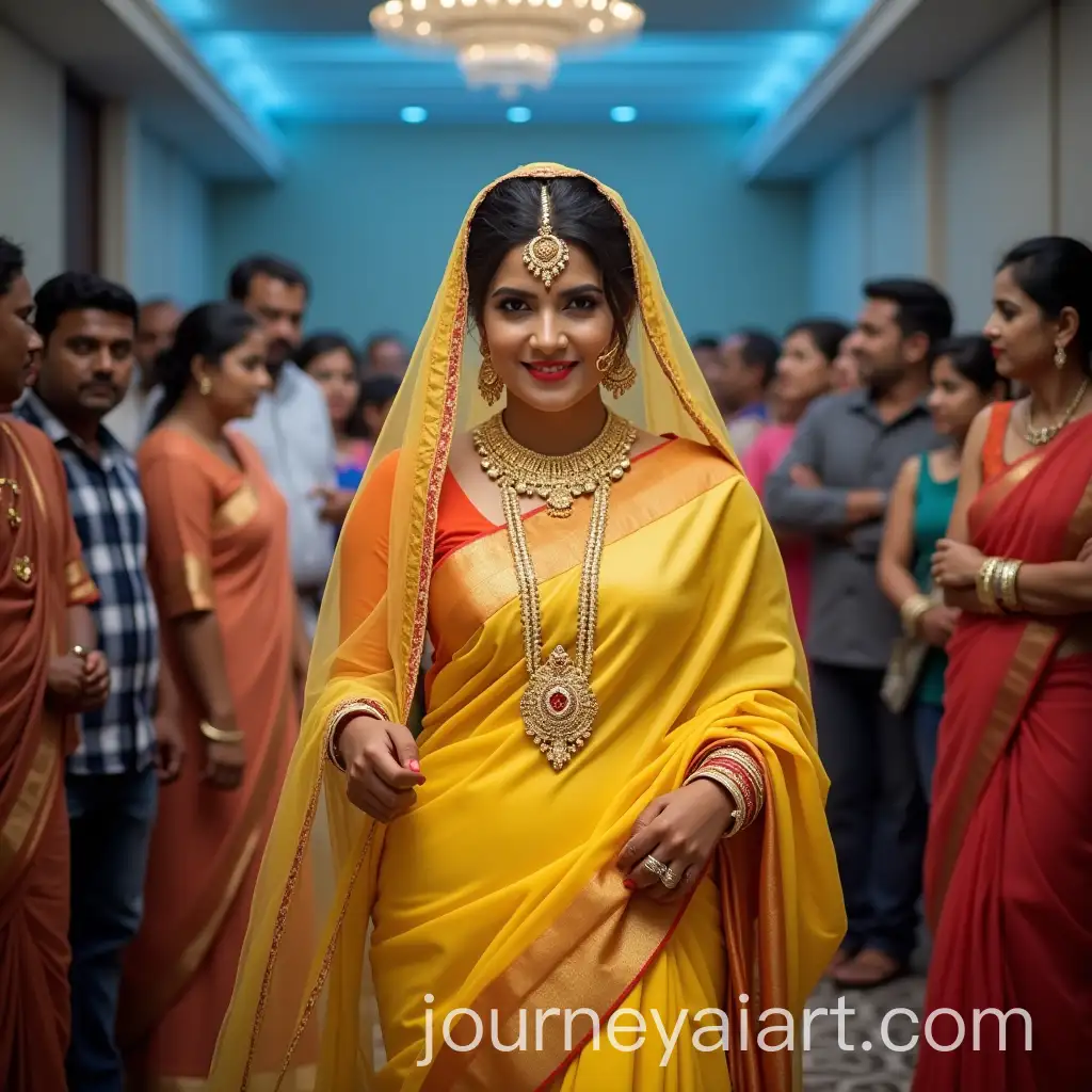 Indian-Bride-in-Yellow-Saree-with-Red-Lips-Entering-Wedding-Celebration