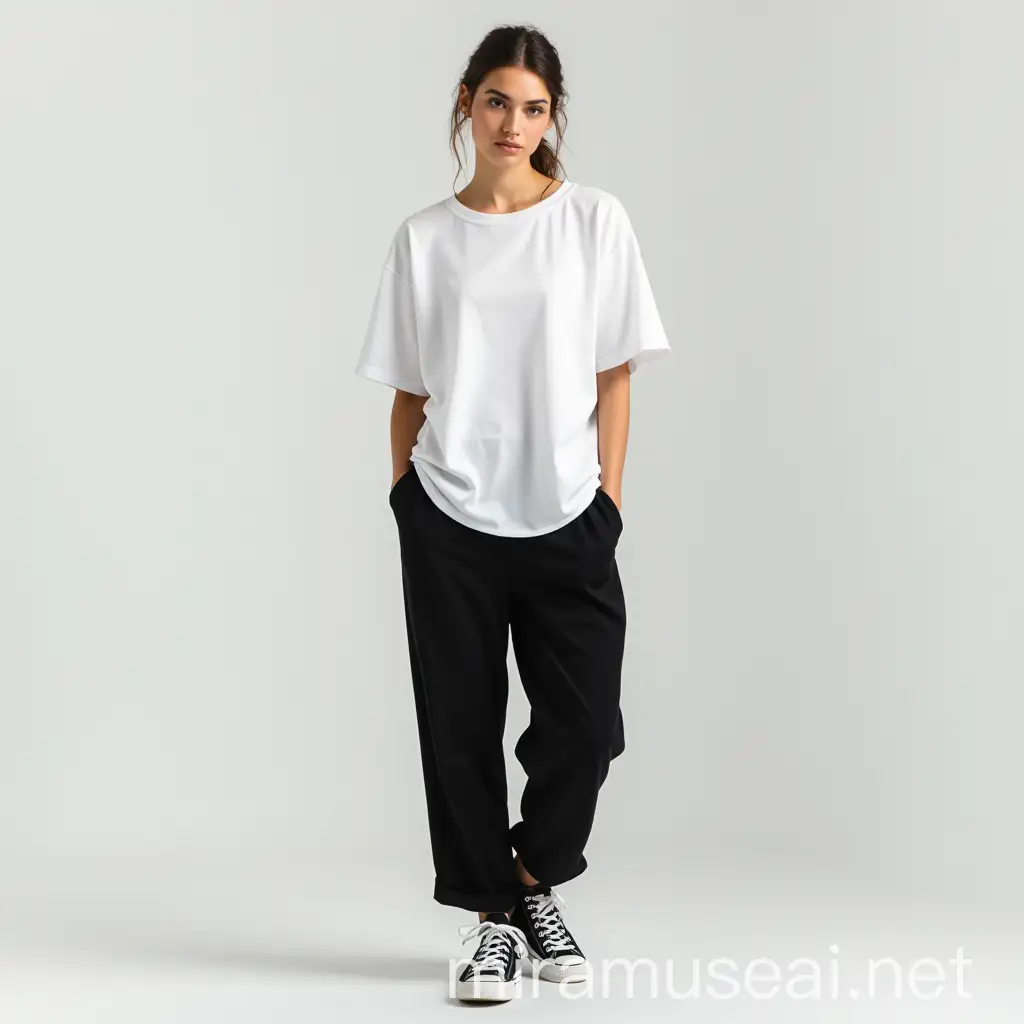 Stylish European Woman in White Box TShirt and Black Baggy Pants