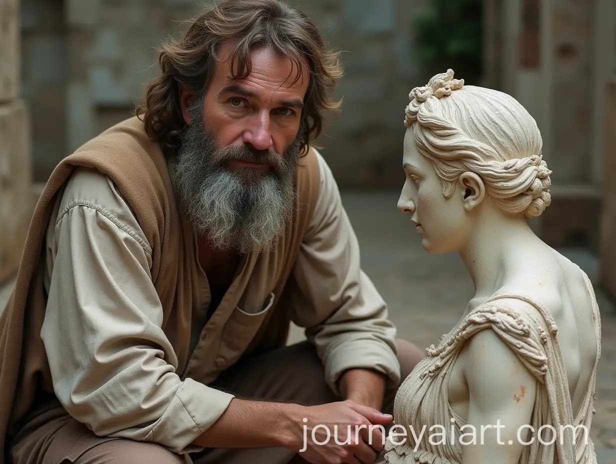 Man-in-Ragged-Clothes-Beside-Broken-Greek-Statue-with-Brown-Hair-and-Grey-Beard