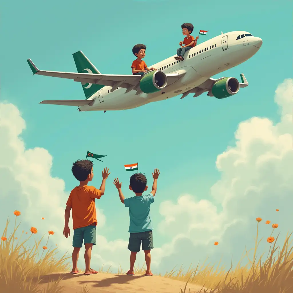 Create a vivid scene where two boys on the ground wave farewell to two boys sitting on the body of a plane above them. The boys on the plane have the Pakistani and Bangladeshi flags on their heads, while the boys on the ground have the Indian and New Zealand flags on their heads. Capture the multicultural and emotional essence of this moment.