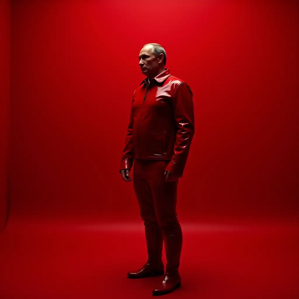 Putin in a latex costume is standing in a red room