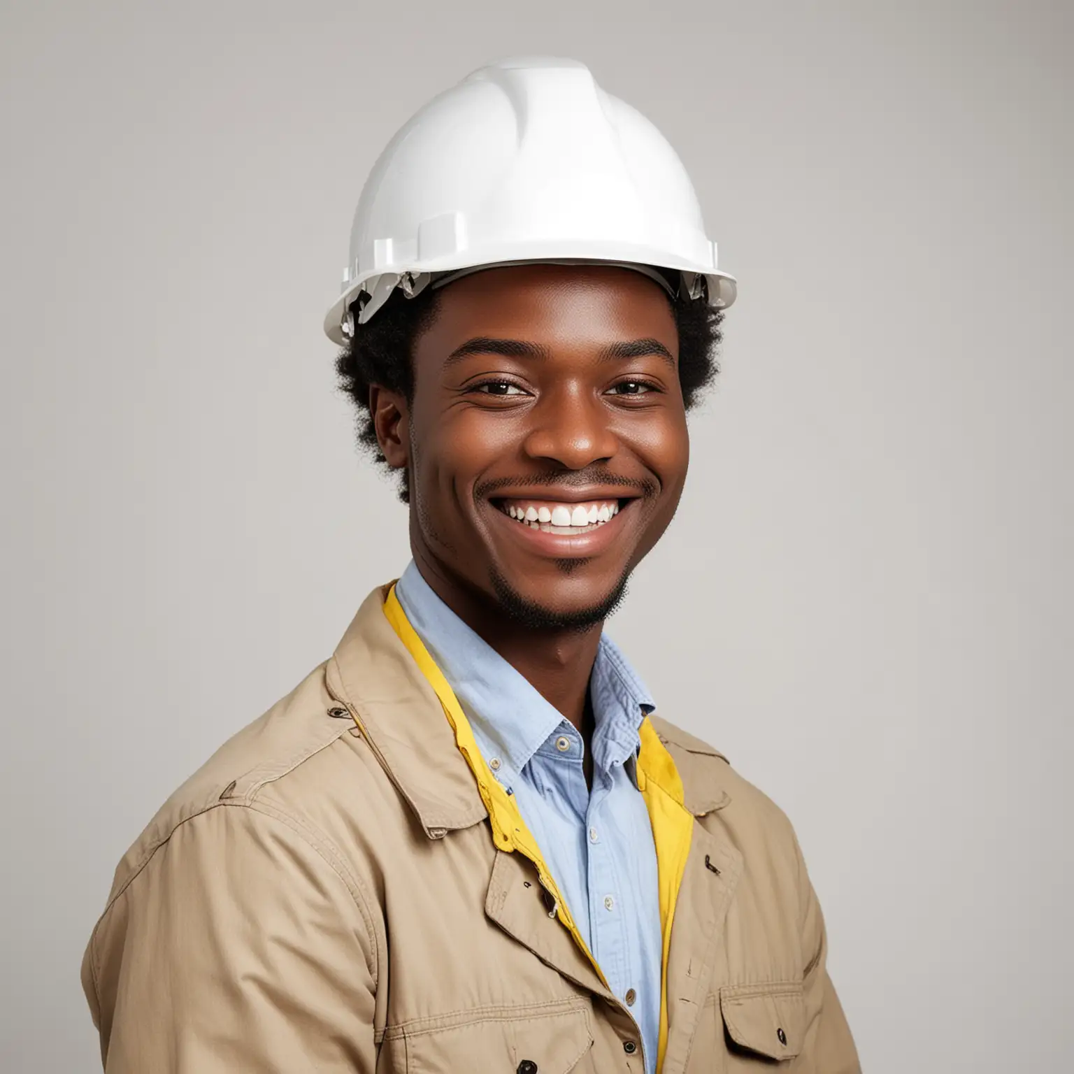 African engineer who is smiling, white background