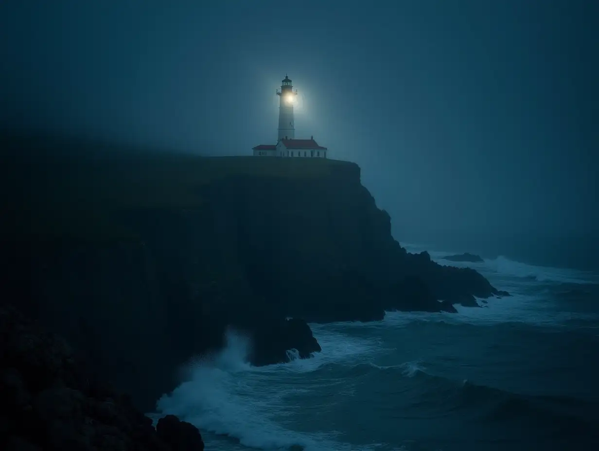 A desolate lighthouse perched on a rocky cliff, shrouded in mist, surrounded by crashing waves and jagged rocks, their rugged edges glistening faintly under the dark, foreboding sky, with subtle hints of moonlight casting a glow eerie, evoking a sense of isolation and mystery in a dramatic, high contrast and dark style, with deep blues and grays dominating the palette.