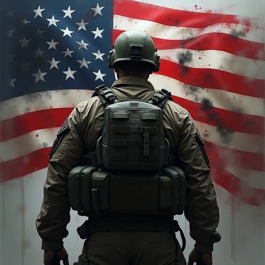 A powerful digital painting of a U.S. soldier seen from the back, wearing full tactical gear and a helmet, standing in front of a distressed American flag. The flag has a grungy, battle-worn texture with black smoke and red splatters. The soldier's stance is strong and resolute, symbolizing patriotism and sacrifice. The composition is dramatic with high contrast and a slightly dark, intense atmosphere. oil art