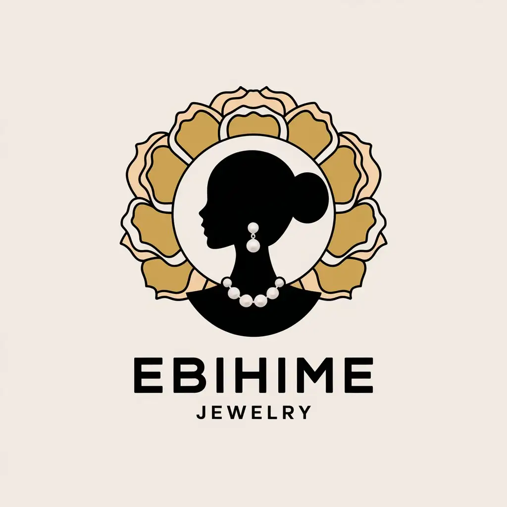 a vector logo design,with the text "Ebihime Jewelry", main symbol:Overall color is gold and yellow, meaning noble and elegant, then elements include peony, peony is the king of flowers, symbolizing wealth, luxury and beauty. You can simplify and abstract the pattern of peony, put into the logo, representing women wearing pearls like peony noble and beautiful. Use female profile as an element, highlighting the delicate facial features and elegant temperament of women. You can add jewelry decoration on the ear or neck part, making the logo more vivid.,Moderate,be used in Retail industry,clear background