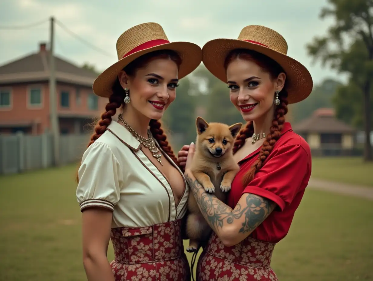 Two white, plump Pin-up girls 70 years old red braids wear a low-cut mixed red and white blouse, with a light smile on their face, tattoos, golden hat, red lipstick emphasizes their smile, modern jewelry, black skin, and hold a puppy and kitten in their hand, in a park with many houses in Cyberpunk Brazil 8k quality