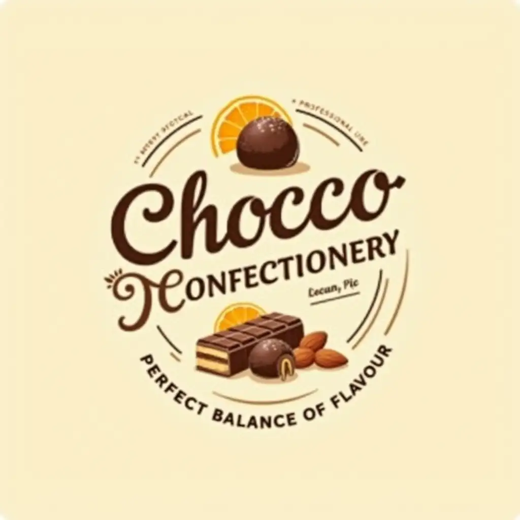 Vintage logo of the Chocco Confectionery for website, slogan “Perfect Balance of Flavour”, professional and friendly style, chocolate bar, truffle candy, orange slice, almonds, hazelnuts, color palette beige, brown, orange and yellow shades, handwritten font