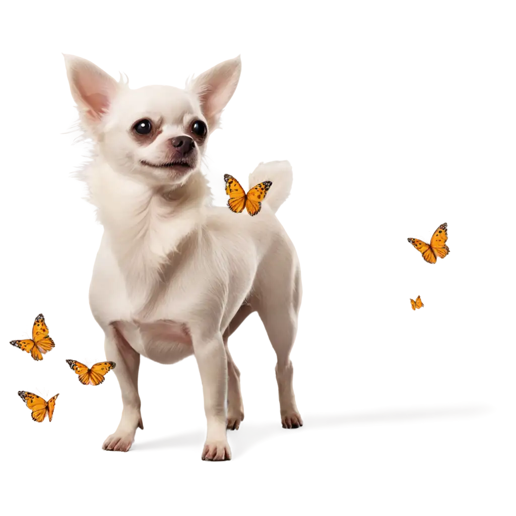 white chihuahua playing with a lot of butterflies in a park