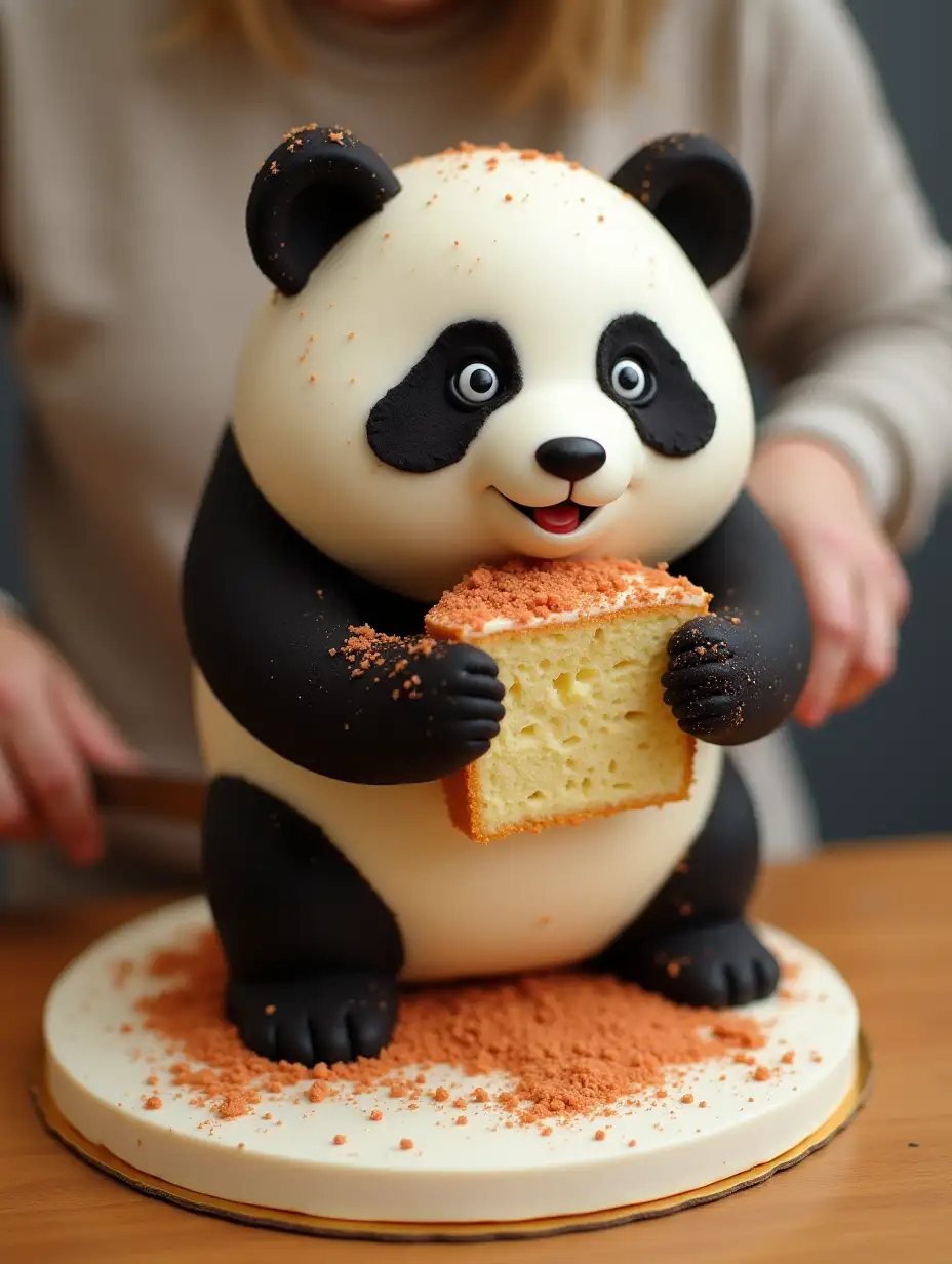 A person cutting a cake, it turns into a cute panda, panda starts moving.