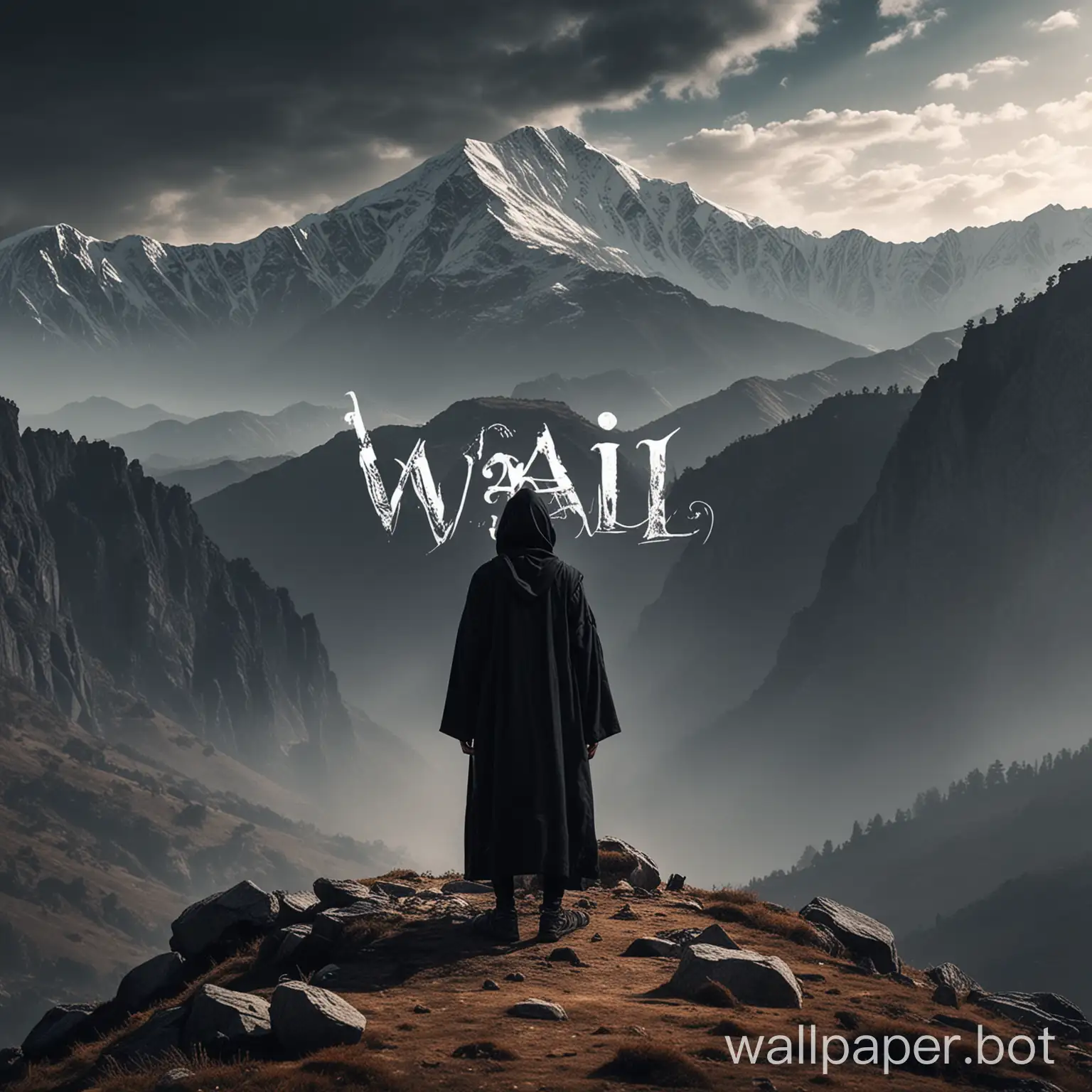 can you create a wallpaper with a person of normal size and normal corpulence, wearing a traditional black jellaba from the Rif. The person is standing on the edge of a big mountain, and on a mountain in front, there is the word 'Wail' clearly visible. The atmosphere will be natural with an impressive mountainous landscape.