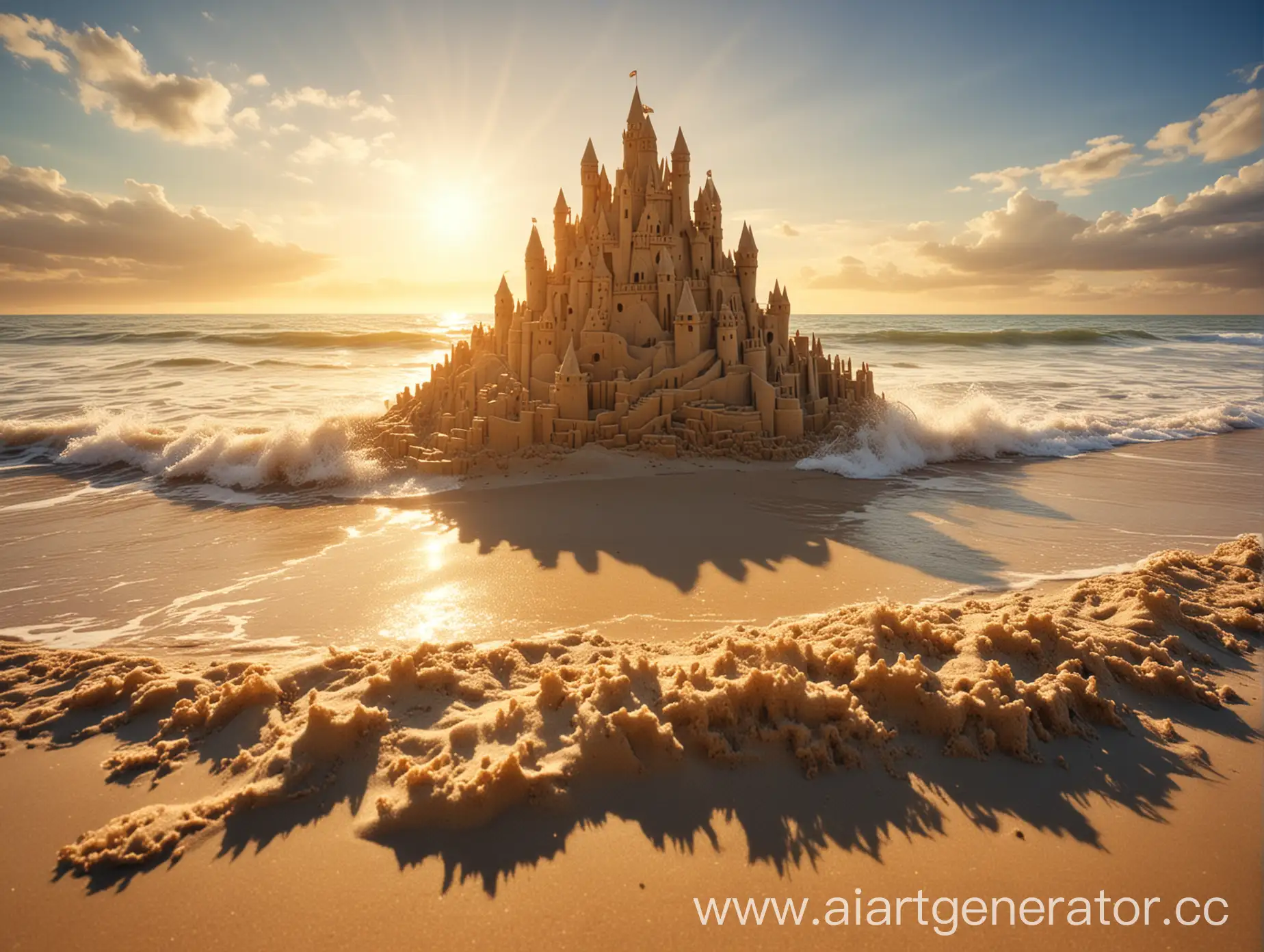 gorgeous sand castle on the seashore, wave, rays of sun