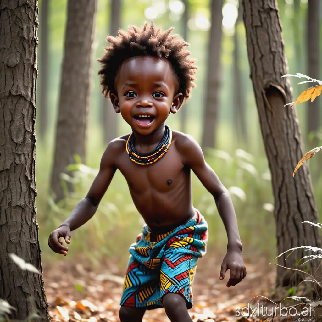 A little African boy playing in the woods