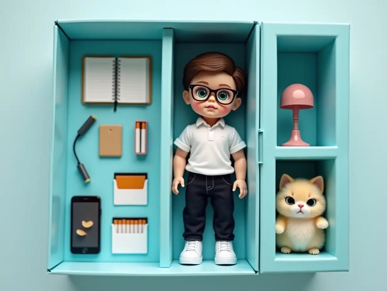 Create an action figure from a photo. The doll is standing in a light blue box. The doll has green eyes, glasses. The doll is wearing a white shirt, black pants and white sneakers. All items in the box are packed separately: [notebook], [lamp], [phone with e-book], [cigarettes], [fluffy cat]. On the box on top it says: [Daniel]
