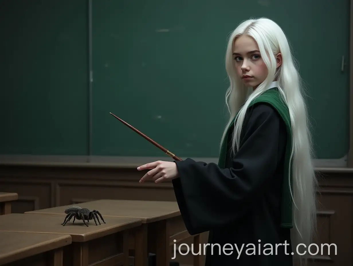 Slytherin-School-Girl-Casting-Spell-on-Spider-in-Classroom