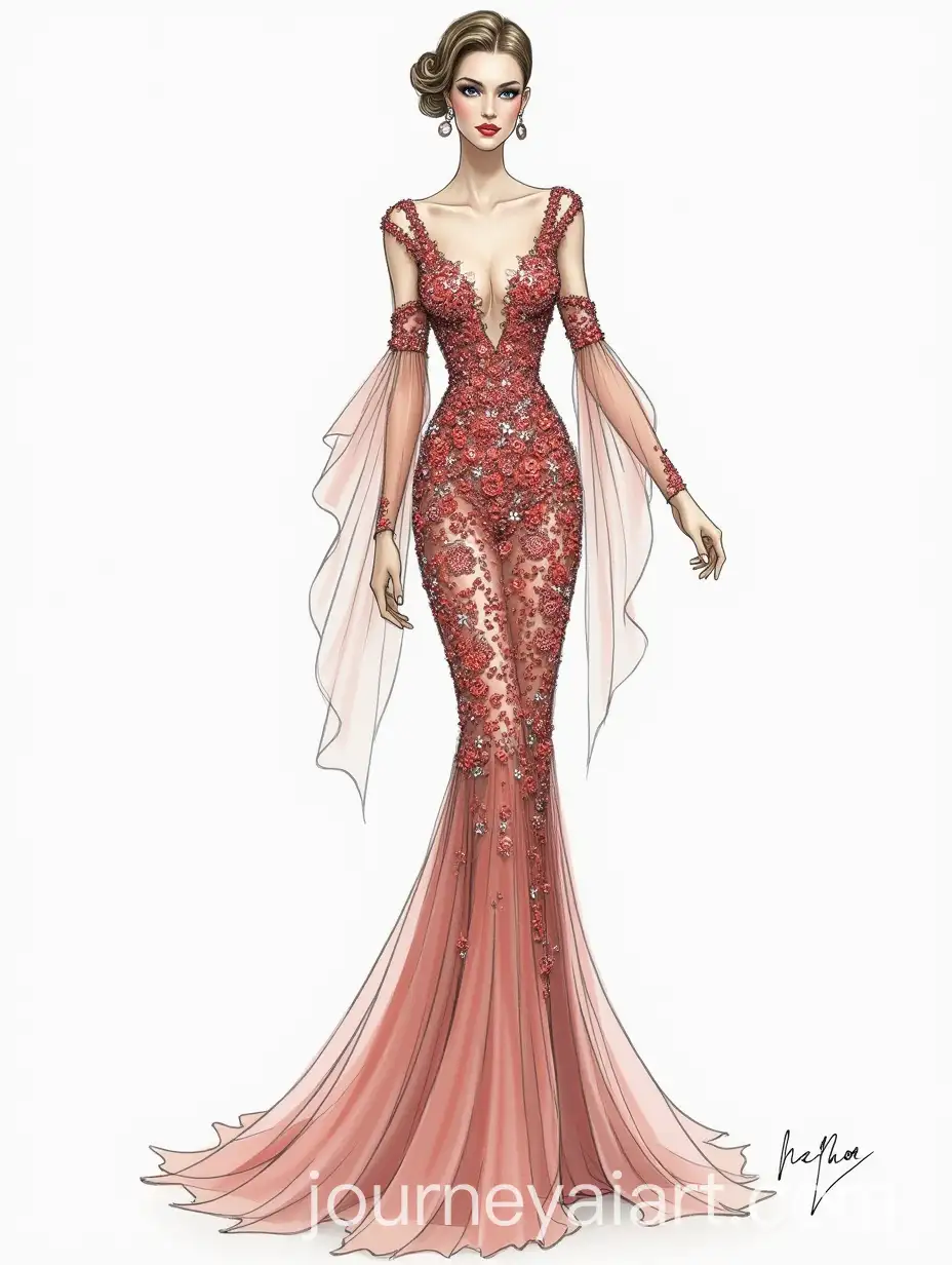 AvantGarde-Beaded-Flower-Haute-Couture-Dress-with-Asymmetric-Cape-and-Deep-V-Neckline
