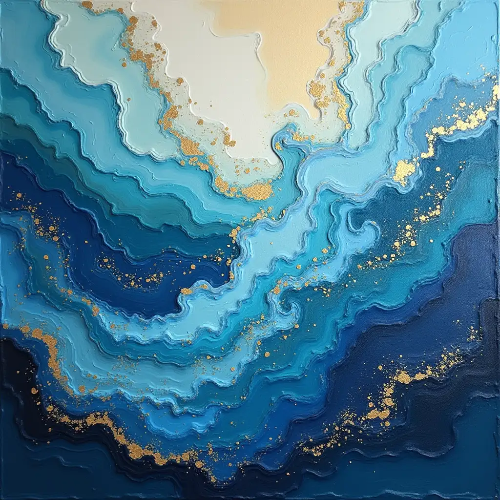 The image is an abstract painting that depicts a dynamic and textured scene reminiscent of a body of water, possibly an ocean or a turbulent river. The painting is rich in color and texture, with a variety of elements that make it interesting:nn1. **Color Palette**: The painting features a harmonious blend of blues ranging from deep navy to light turquoise, with touches of gold leaf that provide a warm, luminous contrast.nn2. **Texture**: The surface of the painting is tactile and varied. There are raised, textured strokes that resemble the undulating waves of water, and scattered specks that could represent bubbles or droplets.nn3. **Gold Leaf**: The use of gold leaf is particularly striking. It catches the light and adds a luxurious, almost ethereal quality to the piece. The gold leaf is applied in a way that it seems to float above the surface of the painting, giving it a three-dimensional effect.nn4. **Abstract Forms**: The shapes in the painting are abstract and suggestive rather