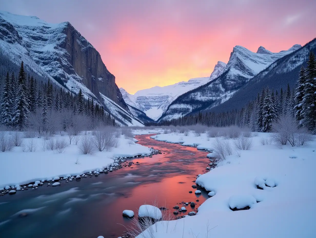 Winter-Sunrise-Over-Snowy-Bow-River-and-Castle-Mountain-in-Banff-National-Park