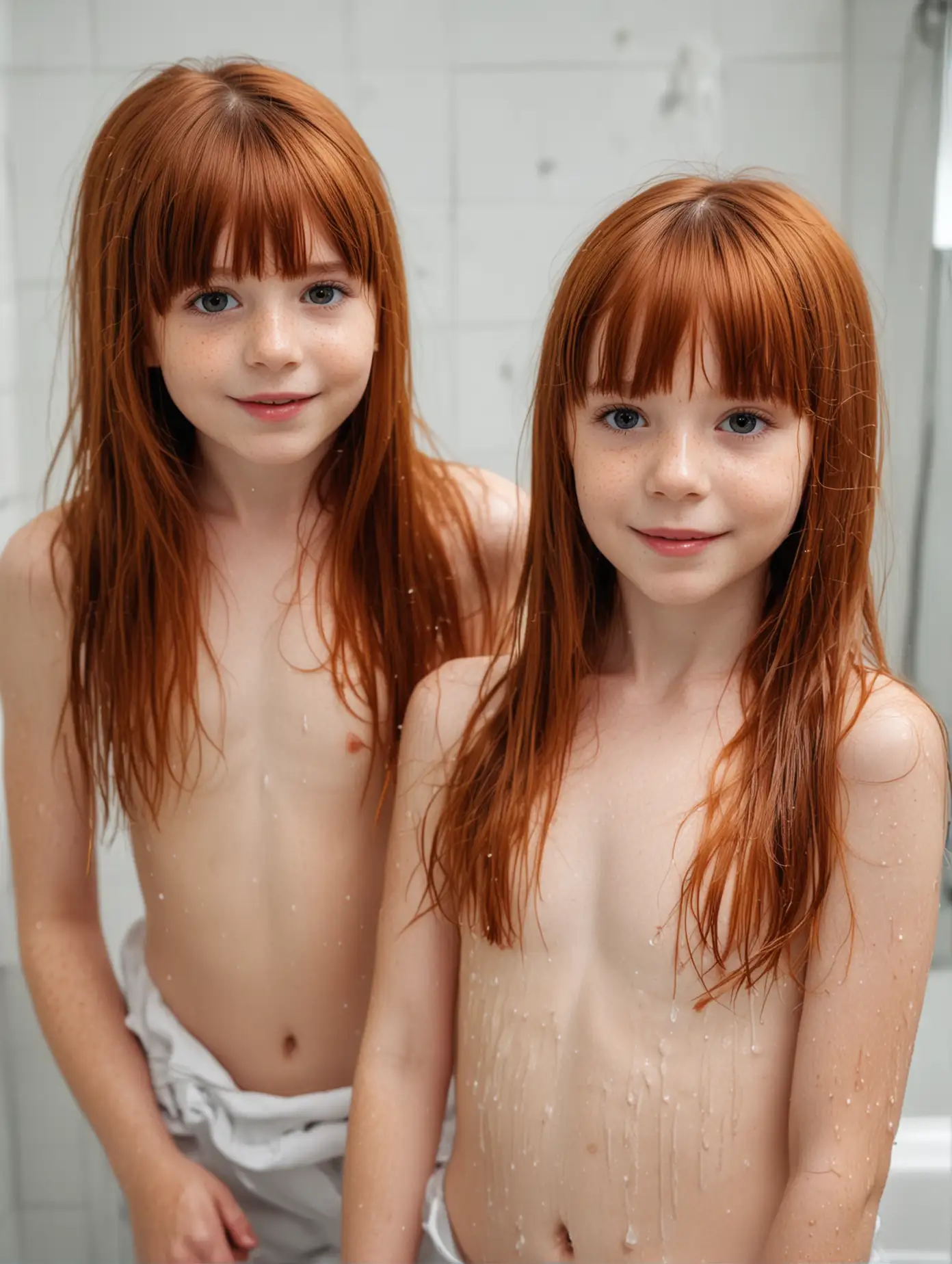 Two-Adorable-Young-Girls-Standing-in-Bathroom-with-Wet-Shiny-Skin