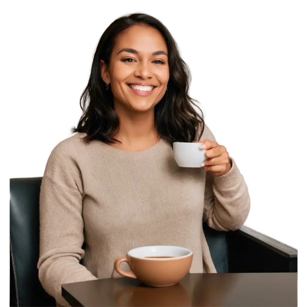 Cheerful-Woman-Enjoying-Coffee-A-Cozy-Morning-PNG-Image-for-Wellness-and-Comfort