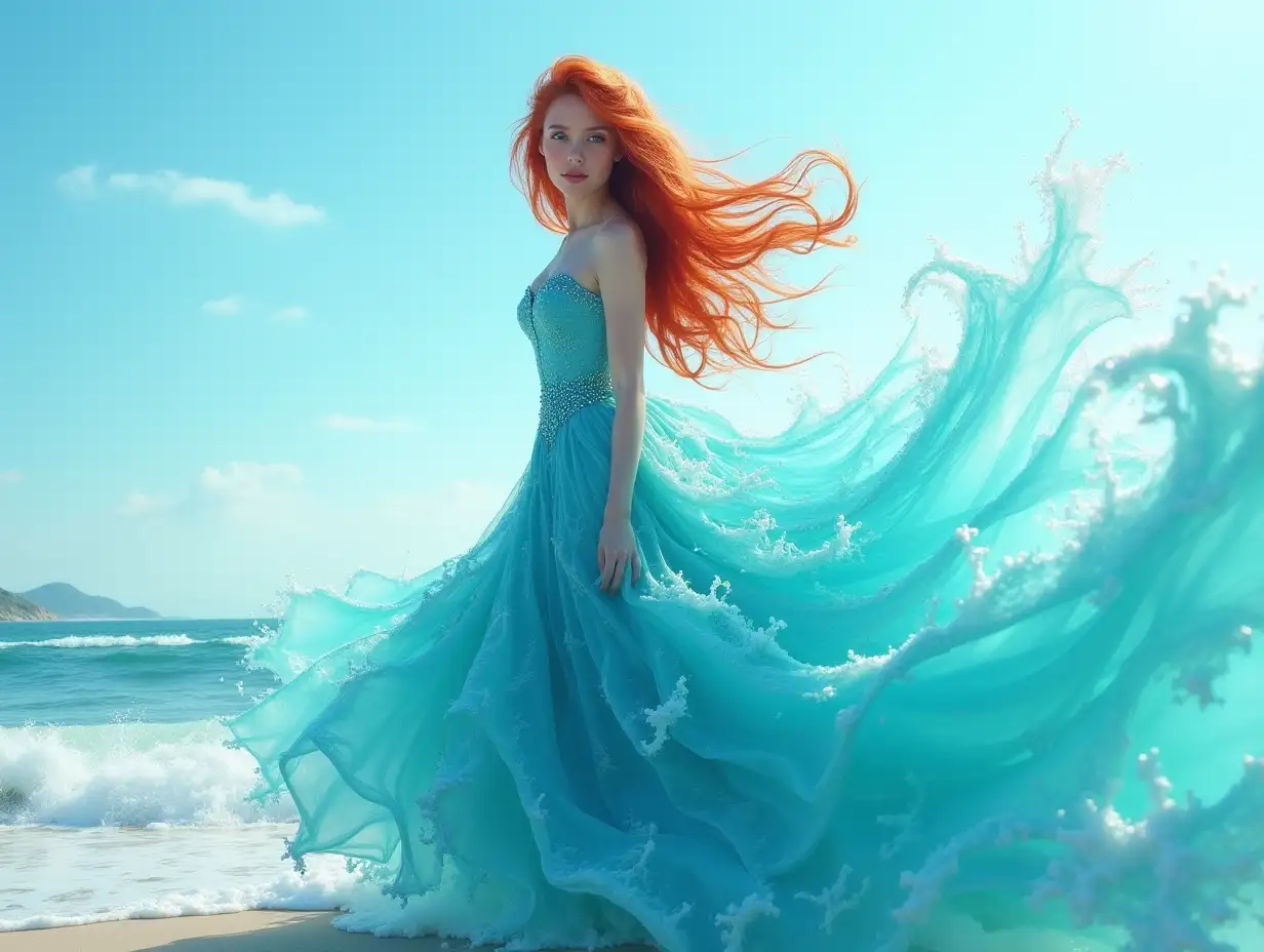 A stunning and surreal image of a redheaded girl wearing an intricate aqua dress made entirely of water waves, creating a mesmerizing and visually stunning effect. The girl is shown in a graceful pose on the seashore, and the water seems to flow out in a dramatic fan-like shape. This image can be created using the following vector. Woman in an elaborate aqua dress made entirely of water waves, Long thick hair, Blue eyes, by Dmitry Kostanovich, Photoshop, Felicia Semyon, UHD image, Ekaterina Panikanova, Shiny and sparkling, HDR, Dynamic mode, 32kb, Sharp focus, Illustration. by Sasan.