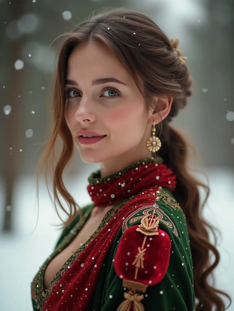 A woman in Kamenets at New Year, in a red and green shiny dress, winter background half blurry