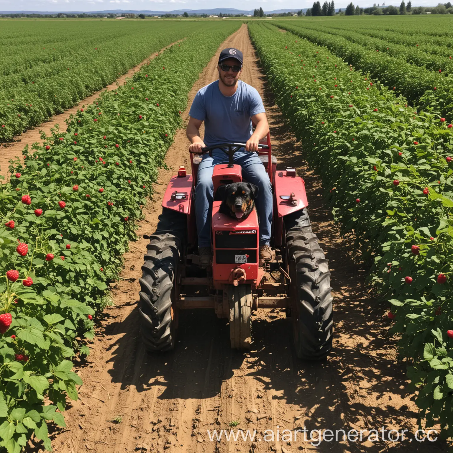 Riding-a-Tractor-Through-a-Raspberry-Field-with-a-Rottweiler-Dog