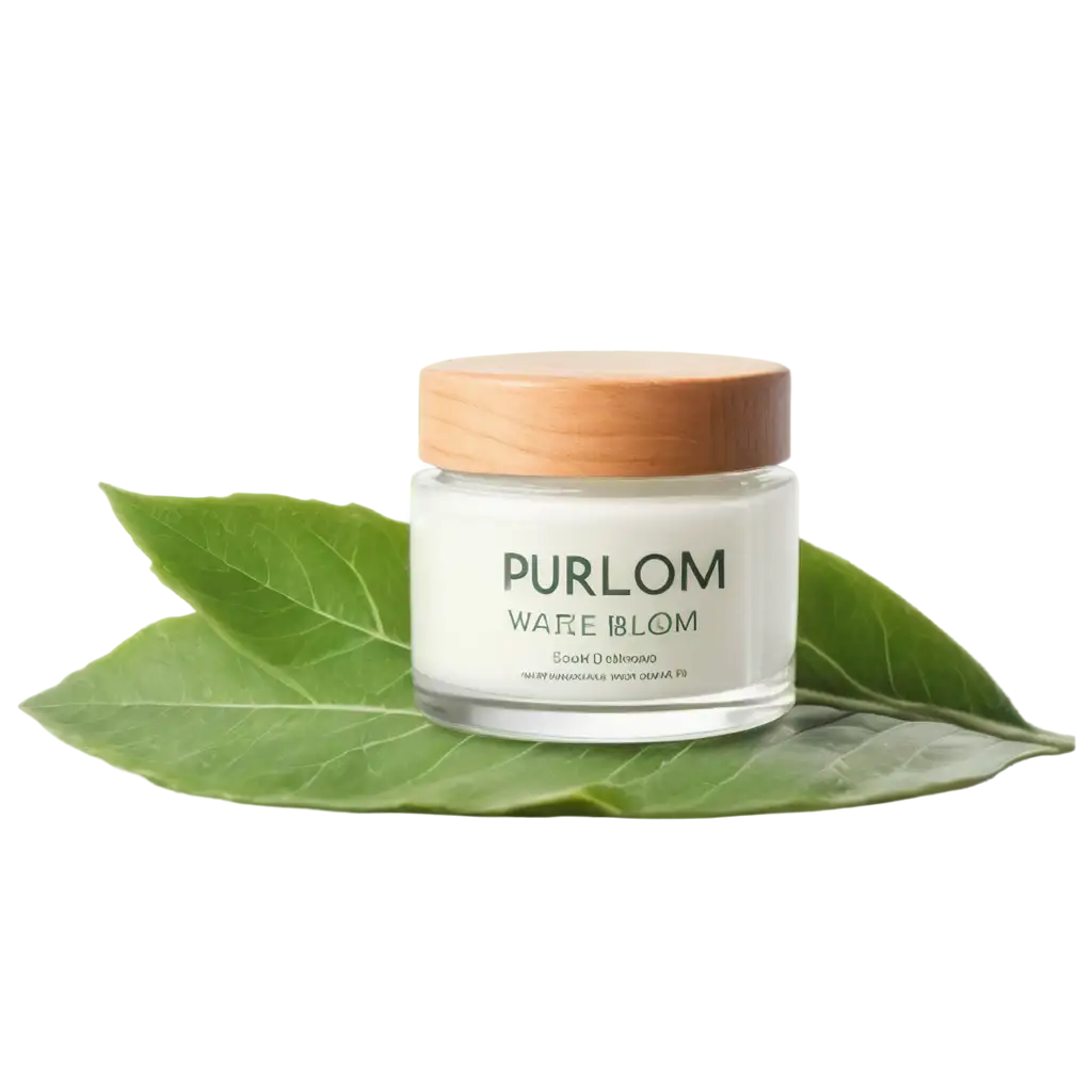 PureBloom-100-Natural-Cream-PNG-Image-Transparent-Frosted-Glass-Jar-on-Green-Leaf-with-Water-Droplets