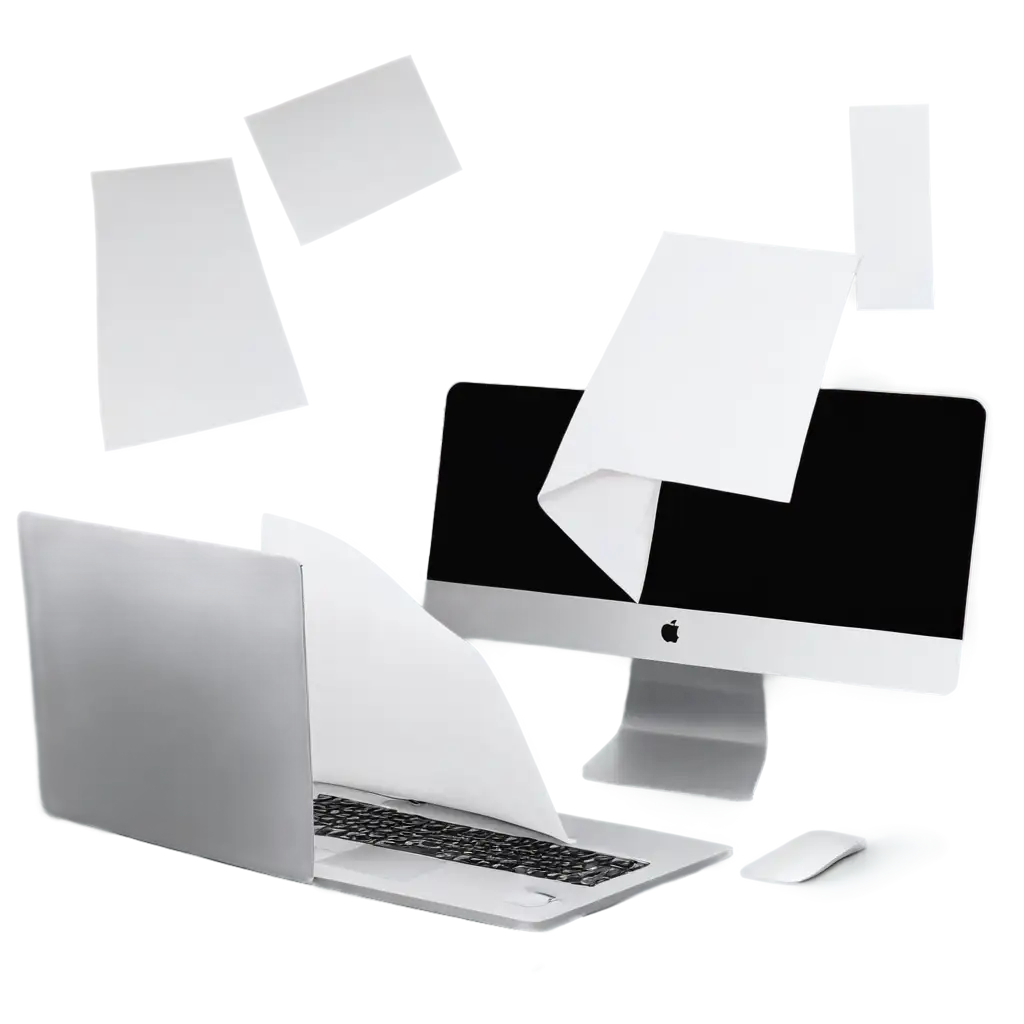 A-Dynamic-PNG-Image-of-A4-Sheets-Flying-to-a-Computer-Desk-Perfect-for-Creative-Projects