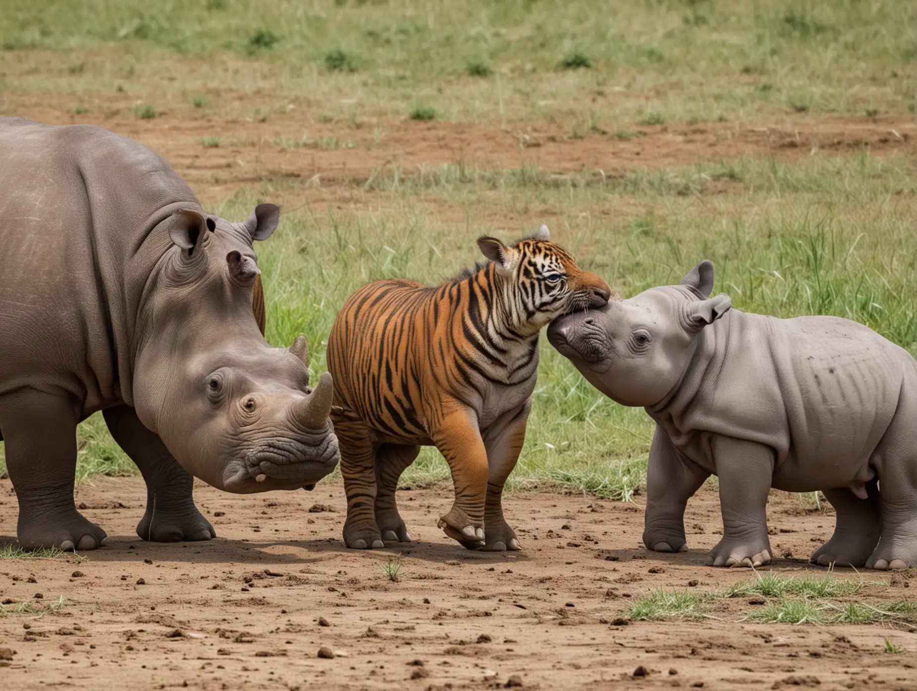 Playful Baby Tiger Hippo and Rhino in a Lush Jungle Setting