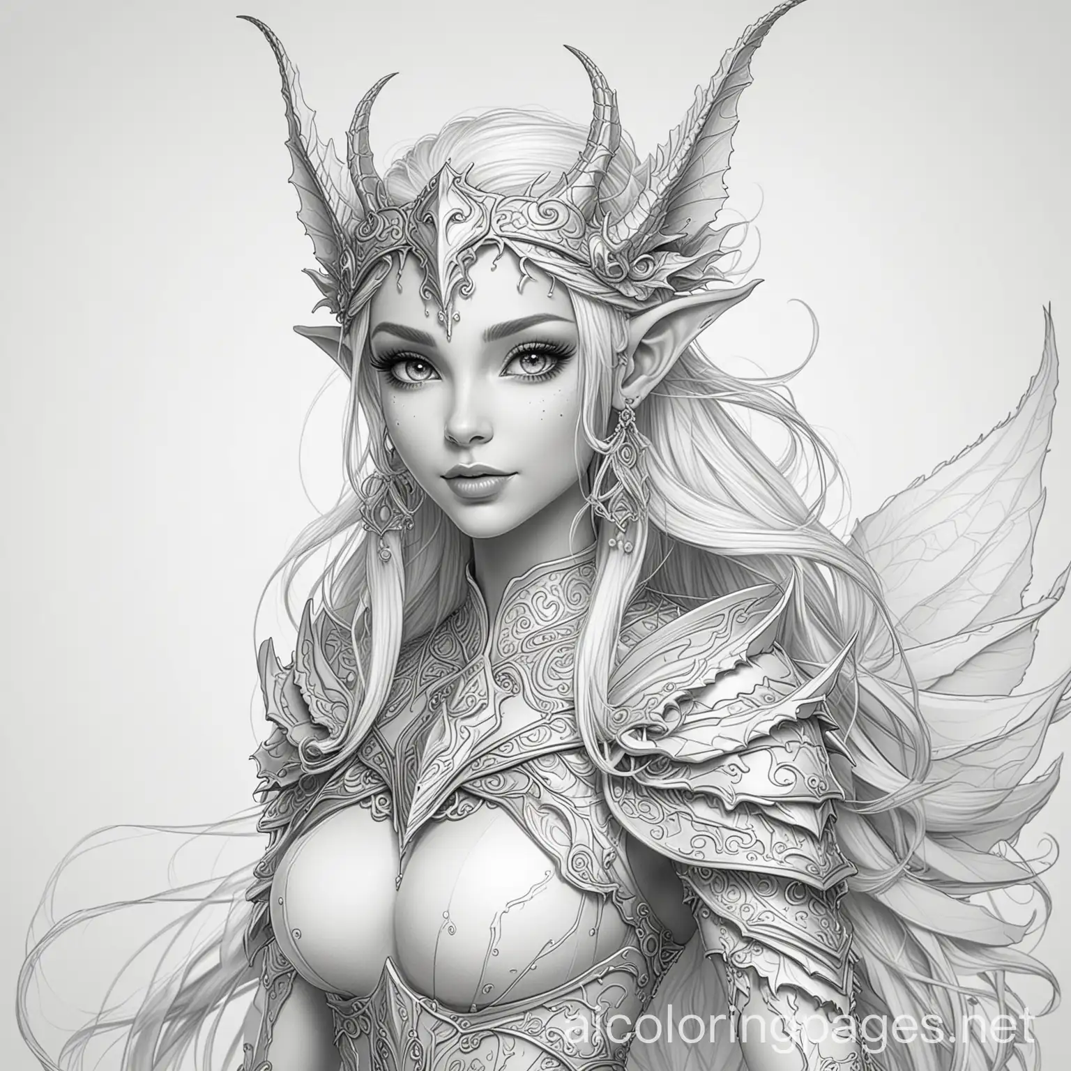 gorgeous magical dragon elf queen, Coloring Page, black and white, line art, white background, Simplicity, Ample White Space. The background of the coloring page is plain white to make it easy for young children to color within the lines. The outlines of all the subjects are easy to distinguish, making it simple for kids to color without too much difficulty