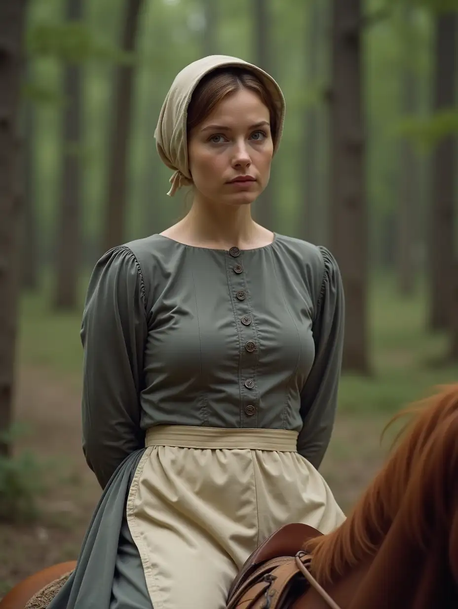 Young Woman Riding Horse in 1800s Texas Forest