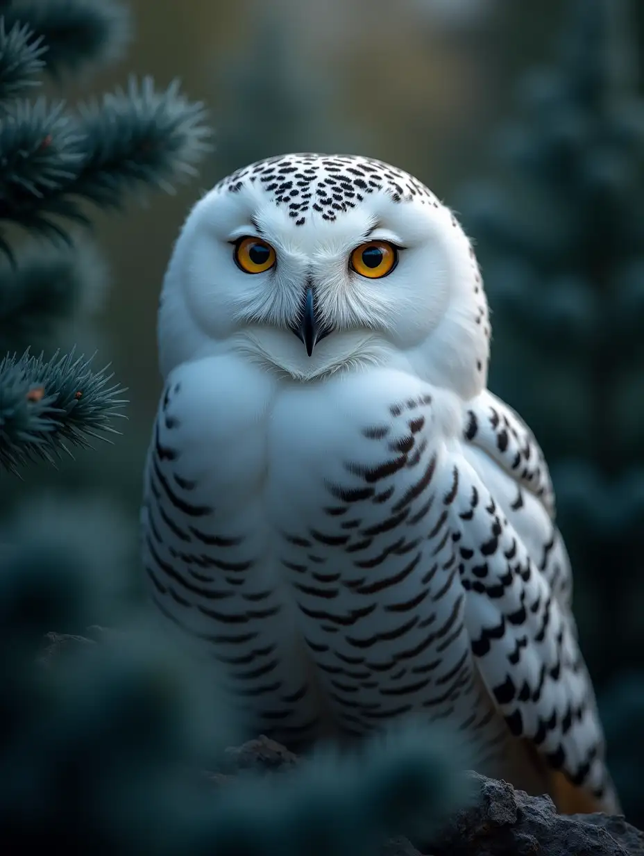 Snowy-Owl-Perched-on-Dark-Green-Spruce-Tree-with-Captivating-Bokeh-Effect