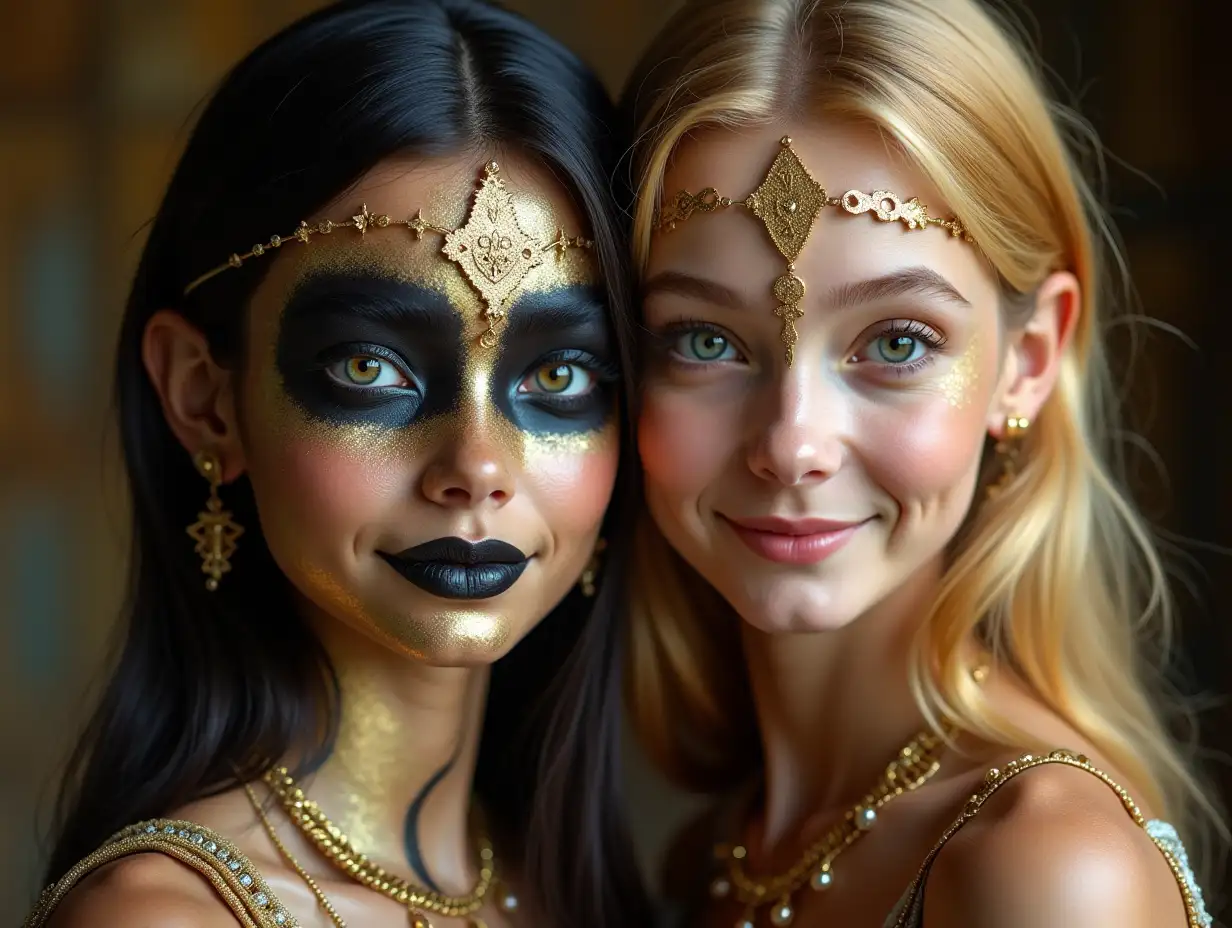 Two young black and white patternnGirls with Alien face,withngolden hair, with a slightnsmile on her face,emphasizesnher smile, modern retronjewelry,in a temple much Goldndifferent shades 4k