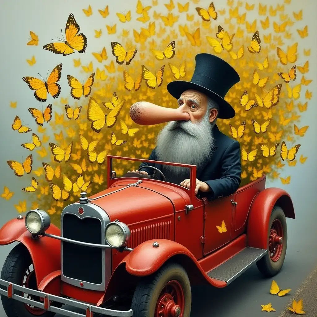 Old-Priest-with-Grey-Beard-and-Yellow-Butterflies-on-Red-Car-in-Foggy-Weather