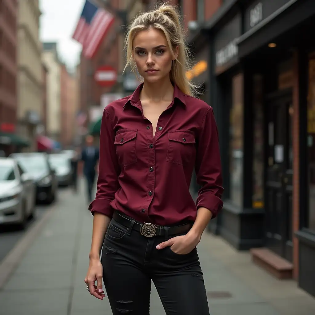 Teagan-Croft-in-Dark-Red-Shirt-and-Combat-Boots-on-Gotham-Streets