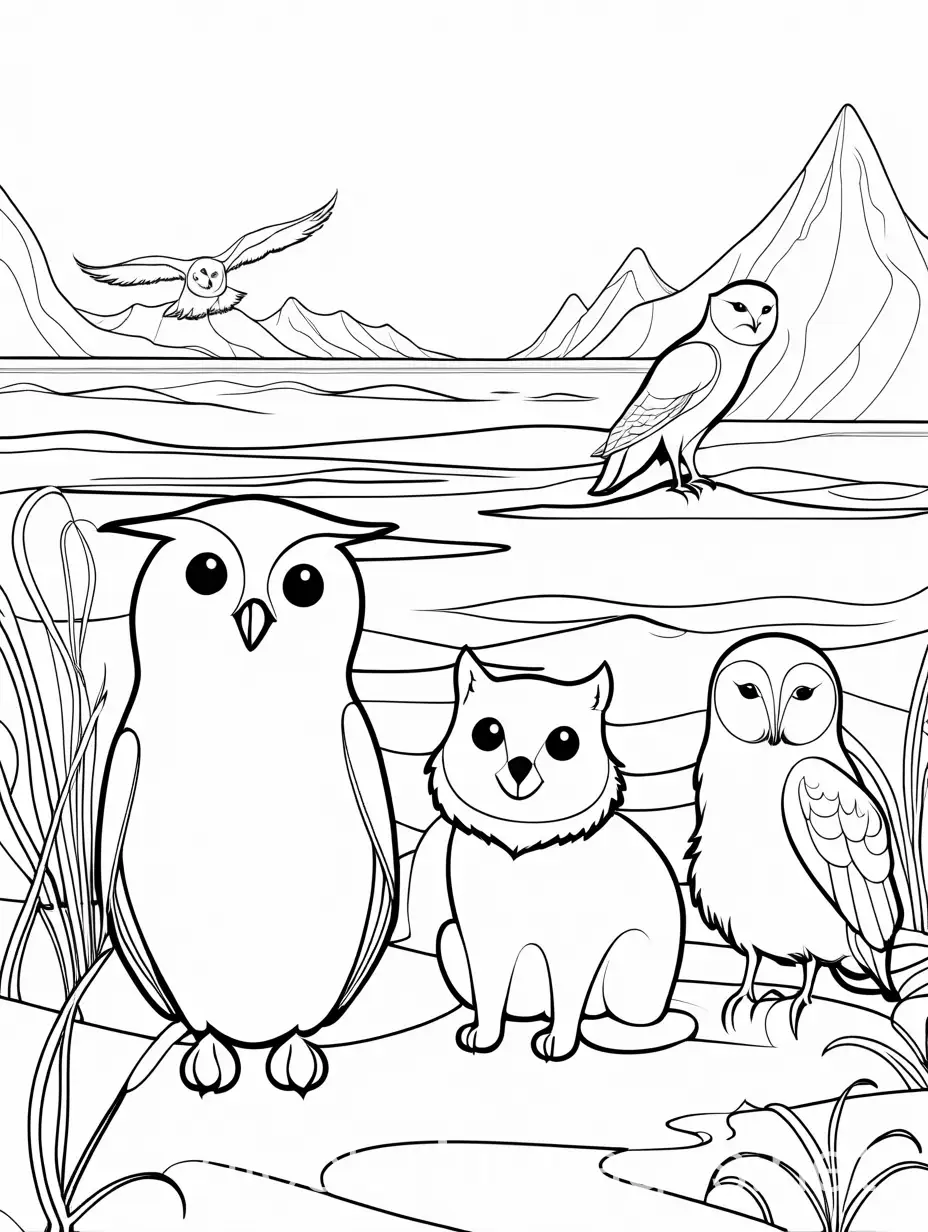 Adorable-Snowy-Owl-Playful-Arctic-Fox-and-Friendly-Walrus-Playing-in-the-Snow-Coloring-Page