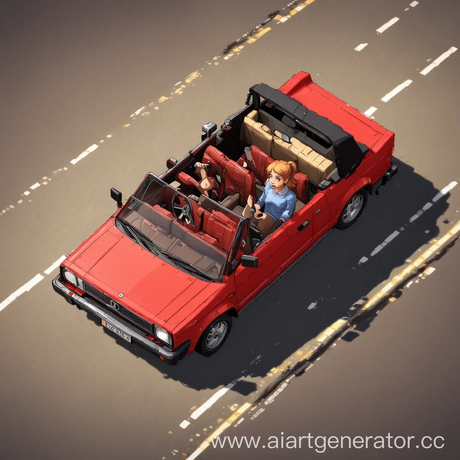 Girl-Driving-Red-Golf-Cabriolet-in-8Bit-Animation-Style