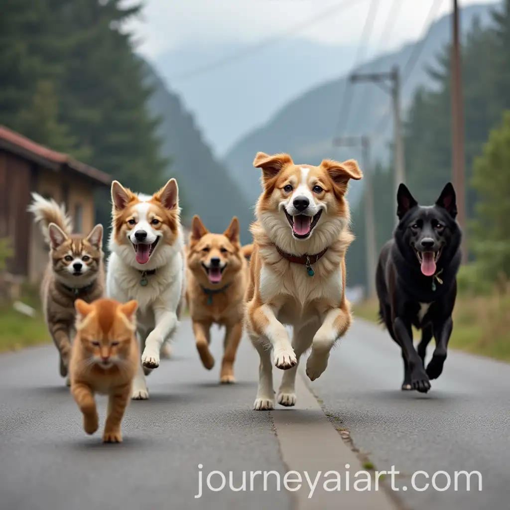 Six-Dogs-of-Different-Breeds-Chasing-a-Scared-Cat-in-a-Mountain-Village-Road