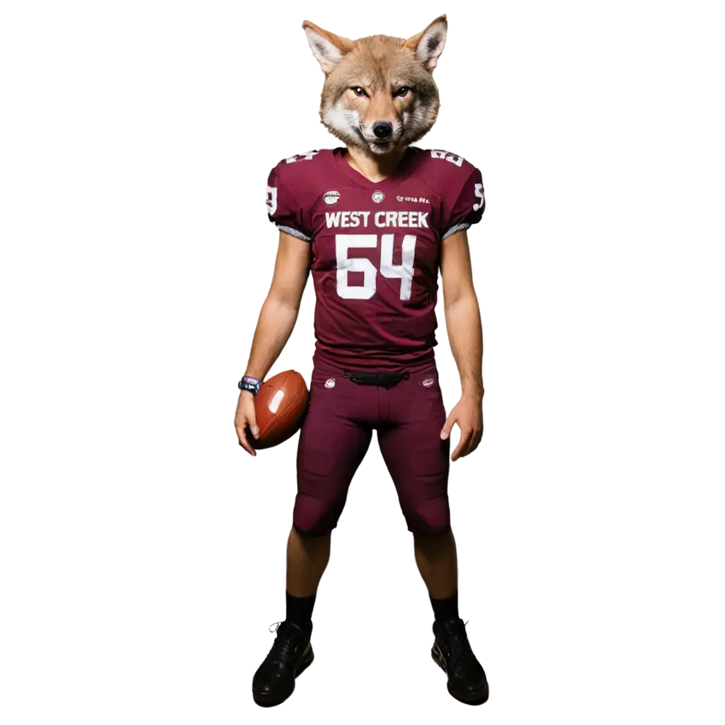 Coyote in a maroon football uniform that says West Creek  and number 54 no helmet