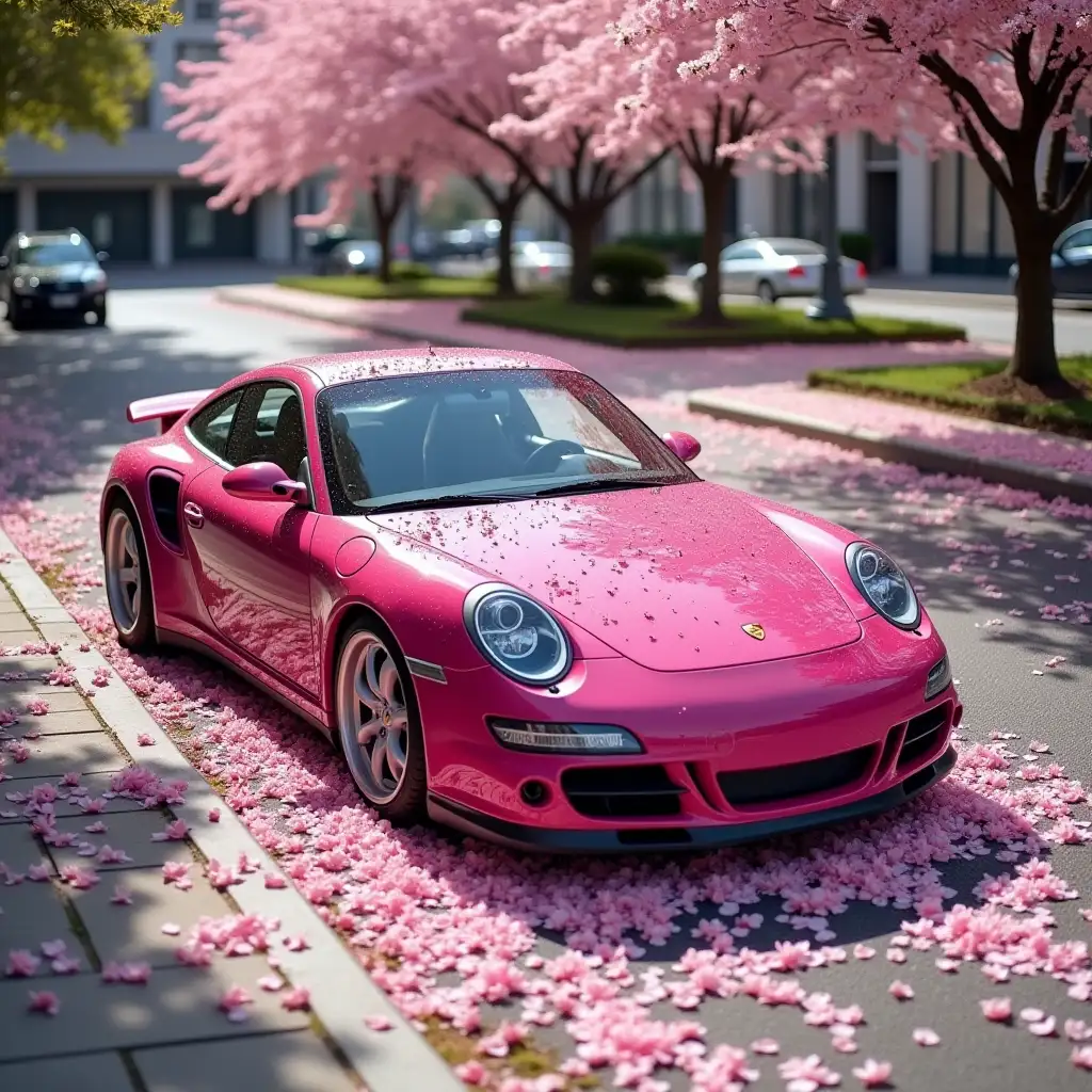 A vibrant pink Porsche sports car, covered in scattered pink cherry blossoms, parked on a city street.  The car is a deep, glossy magenta-pink, showcasing its sleek lines and sporty design.  Small, light-gray alloy wheels are prominent.  The ground is entirely strewn with delicate pink flower petals, creating a soft, romantic contrast against the car's rich color.  The street is paved with gray asphalt, and there are signs of a pedestrian pathway. Parts of other vehicles and a tree with blossoming pink cherry trees are visible in the background.  The camera angle is slightly elevated, capturing the car from a high-angle perspective, and the light is bright, natural daylight, casting soft shadows. The overall mood is romantic and aesthetically pleasing, with a sense of springtime beauty and delicate details.  A classic automotive aesthetic with a nature-inspired touch.  Urban setting, spring day.  Soft, diffused lighting.