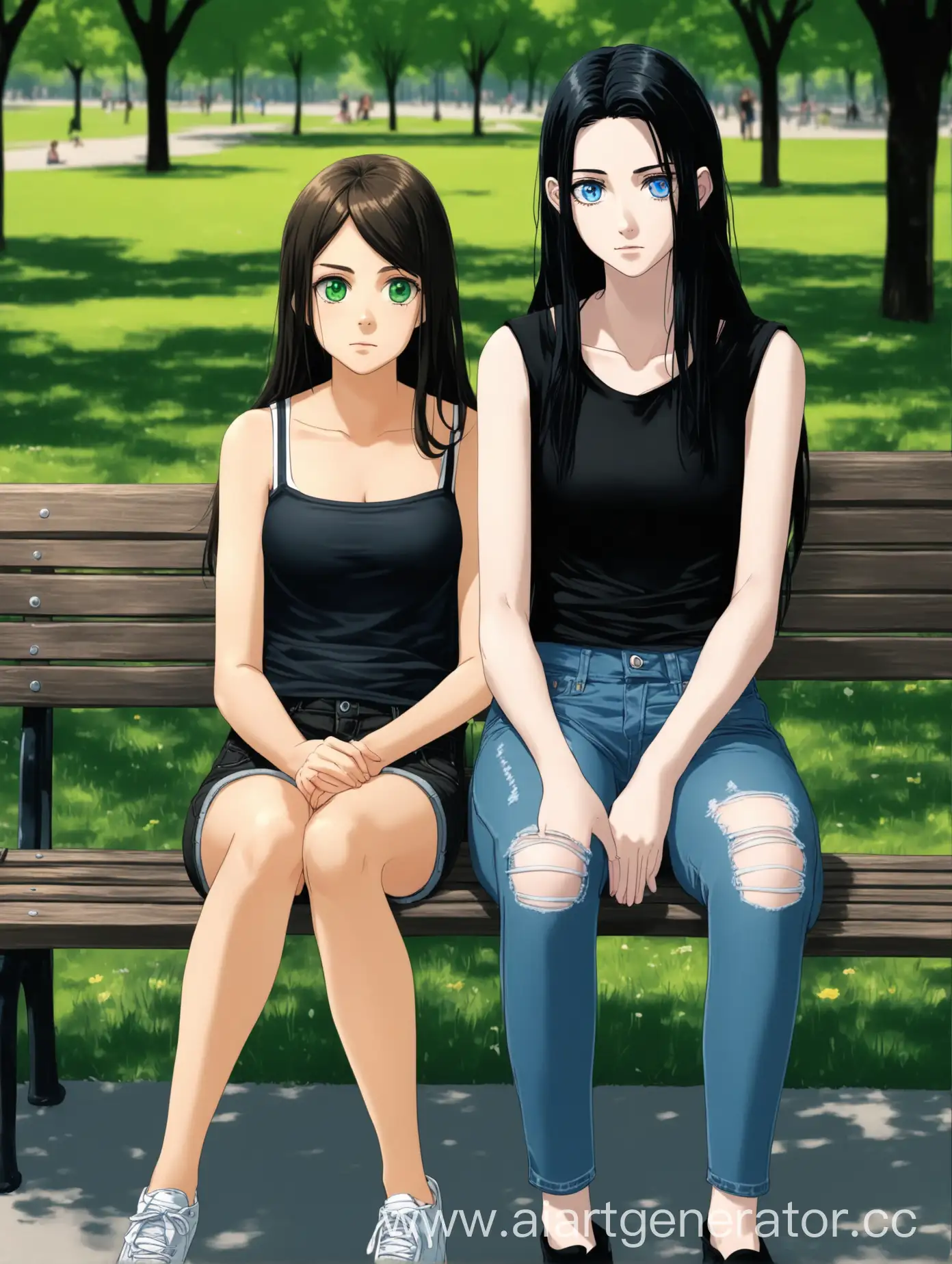 Two-Friends-Relaxing-on-Park-Bench-Casual-Conversation