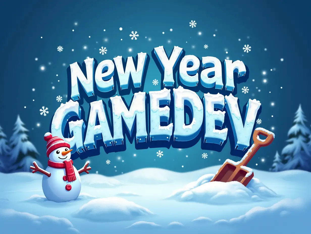 logo for gaming development contest. The logo consists of the name 'New Year GameDev'. Snowflakes are falling. The text of the inscription is covered with ice. There's a snowman nearby, a shovel in a snowdrift