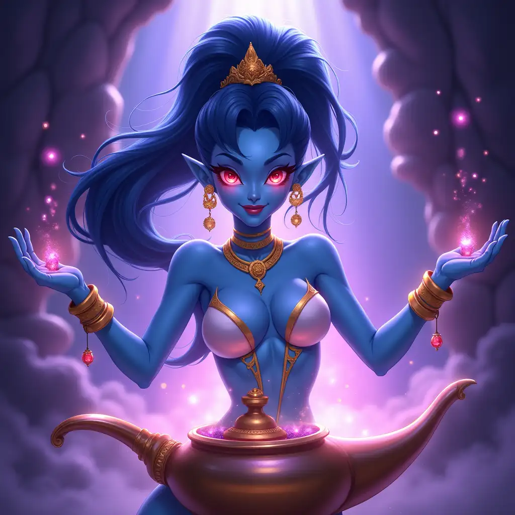 BlueSkinned-Female-Genie-Emerging-from-Magical-Lamp-in-Mystical-Purple-Cave