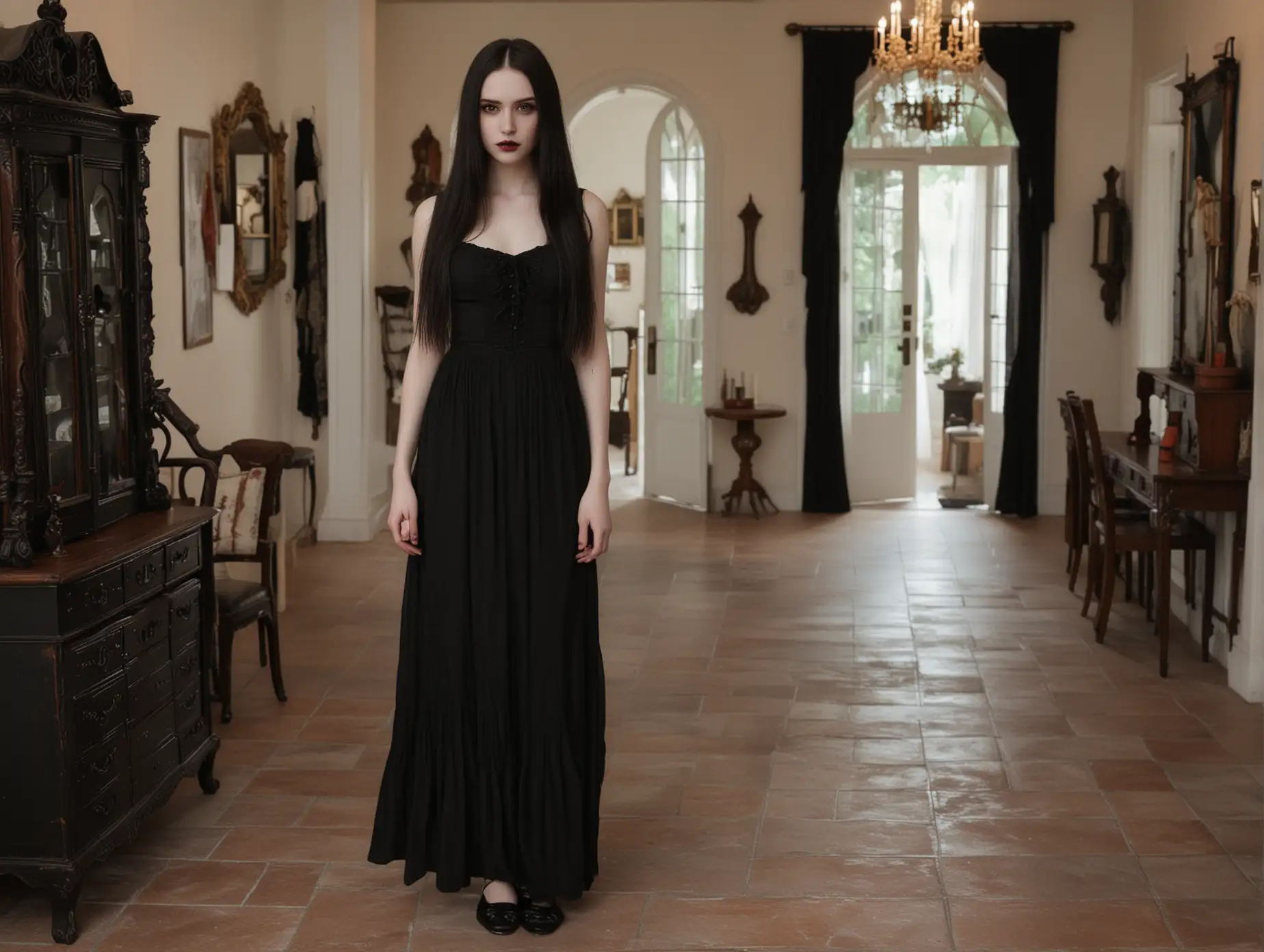 Elegant-Vampire-in-Black-Dress-at-Spadena-House