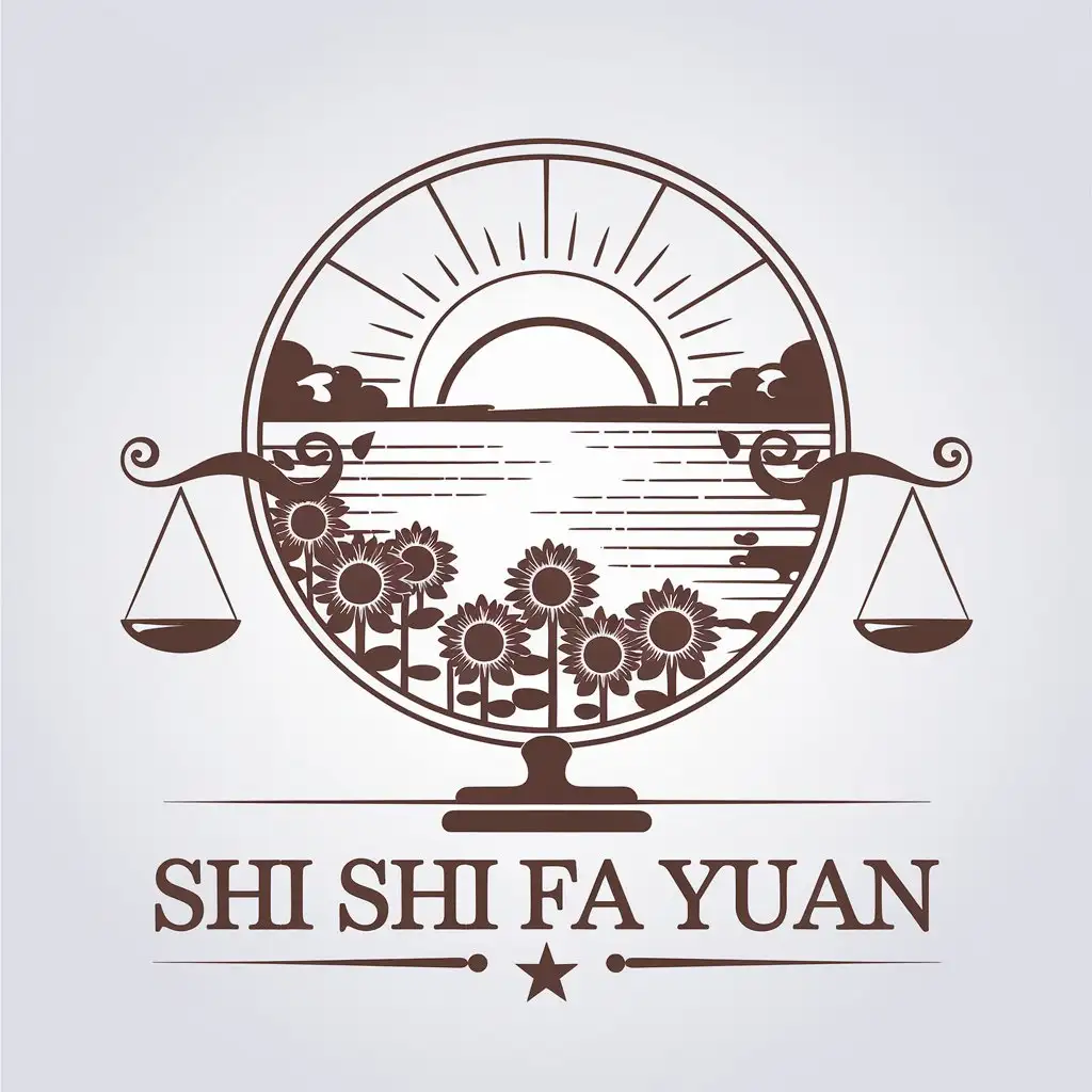 a vector logo design,with the text "Shi Shi Fa Yuan", main symbol:symbolizing lake, sunflowers, fairness and justice,Minimalistic,be used in Legal industry,clear background