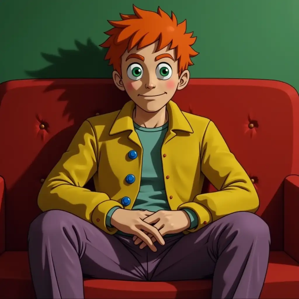 a man with orange hair, green eyes, in a yellow jacket with blue buttons, purple pants, sitting on a red couch in a room with green walls