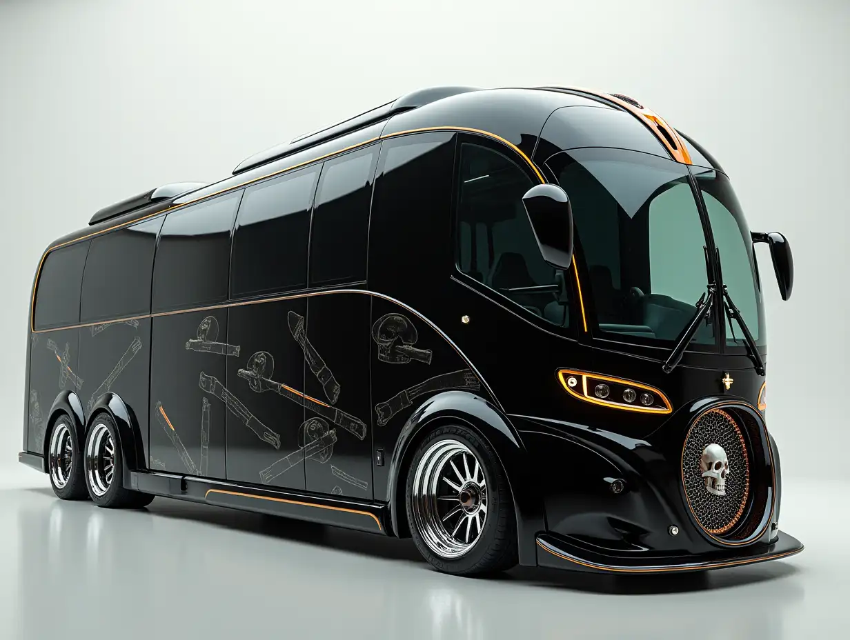 Supermodern utopian Sports Bus black Sport execution, with skull, lowered bodywork, 18-inch wide wheels, aluminum rims, cream silver Cyberpunk.