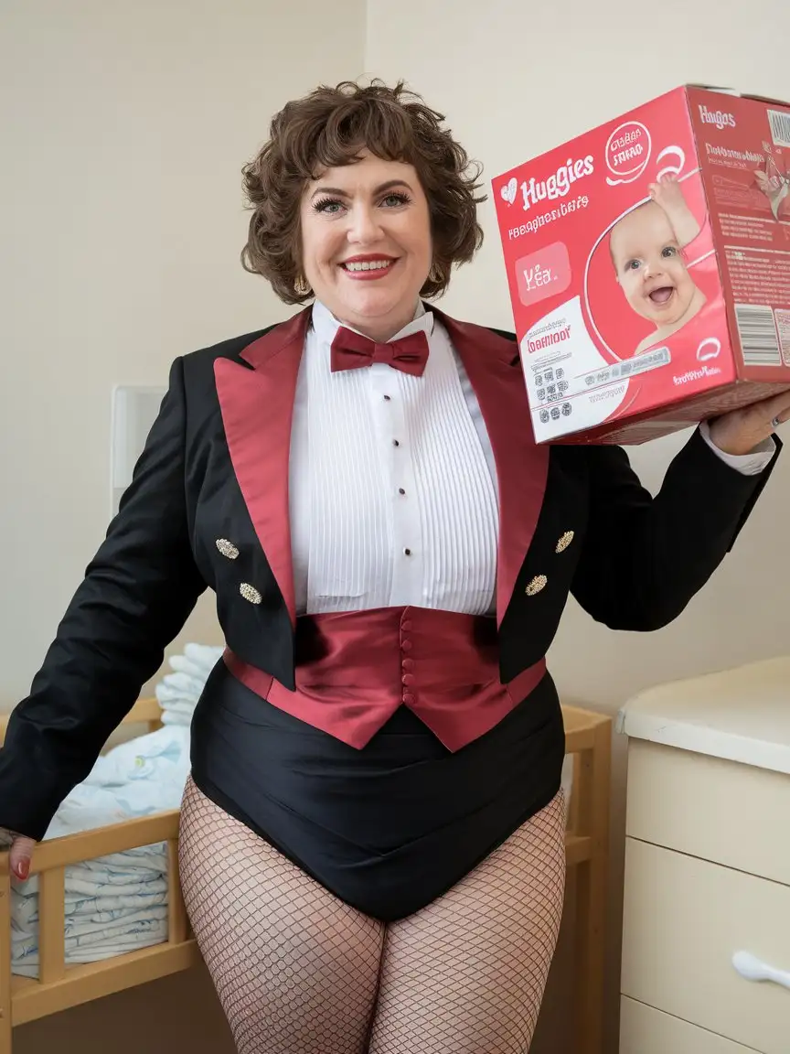 Smiling-MiddleAged-Woman-in-Formal-Tuxedo-Holding-Huggies-Box