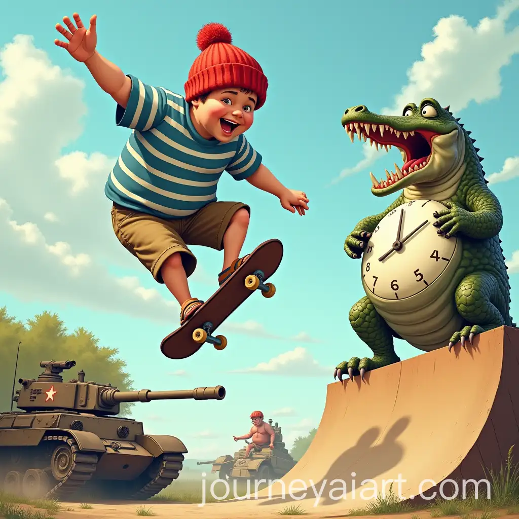 Chubby-Man-Performing-Backflip-on-Skateboard-with-Wild-Animals-and-Tank-Below